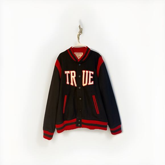 True Religion Varsity Jacket Black Red Wool Blend 3XL Men’s Y2K Streetwear Rare - Picture 1 of 11